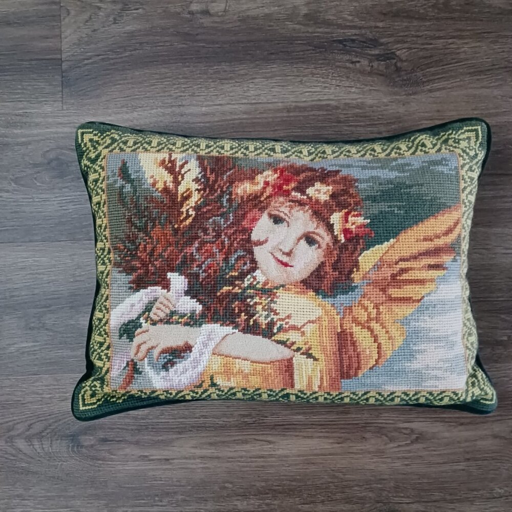 Wool Needlepoint Petit‎ Throw Pillow Velvet Victorian Angel 16" x 12"